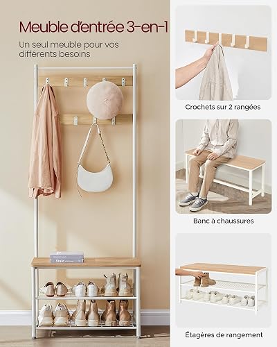 VASAGLE HSR041W09 3-in-1 Steel Frame Coat Rack with Shoe Shelf Hallway Modern Style Oak and Cream - 3