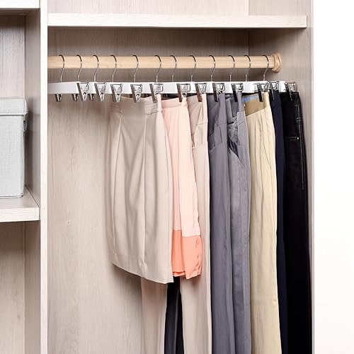 Miniatura 6 de Amber Home Paquete de 10 perchas de madera blanca sólida de 14.17 pulgadas para pantalones y jeans, con 2 clips ajustables antioxidantes (blanco,