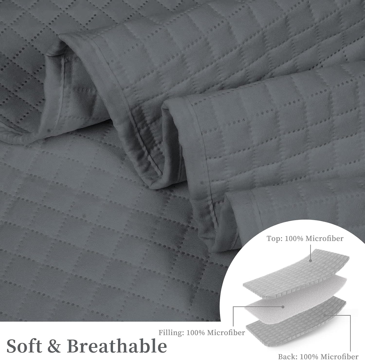 HollyHOME Luxury Checkered Super Soft Solid Single Pinsonic Quilted Bed Quilt Bedspread Bed Cover, Dark Grey, Full/Queen