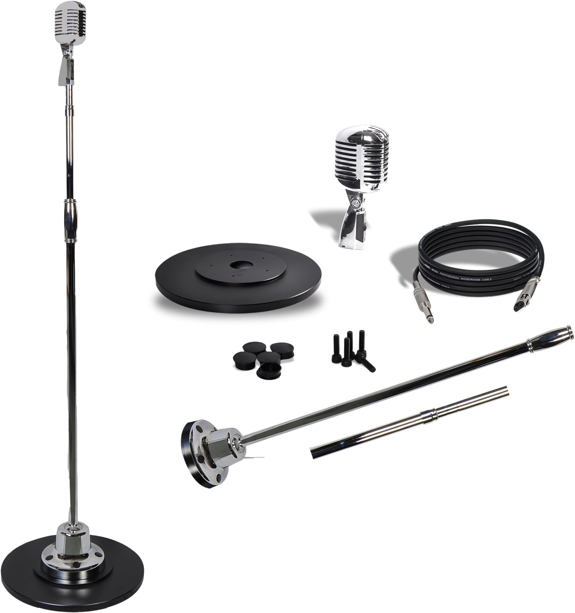 โ Pyle Retro Microphone and Stand, Vintage Style Dynamic Cardioid Mic with Adjustable Height Swing Stand, Professional Unidirectional Vocal Microphone with XLR Cable for Stage or Studio Use