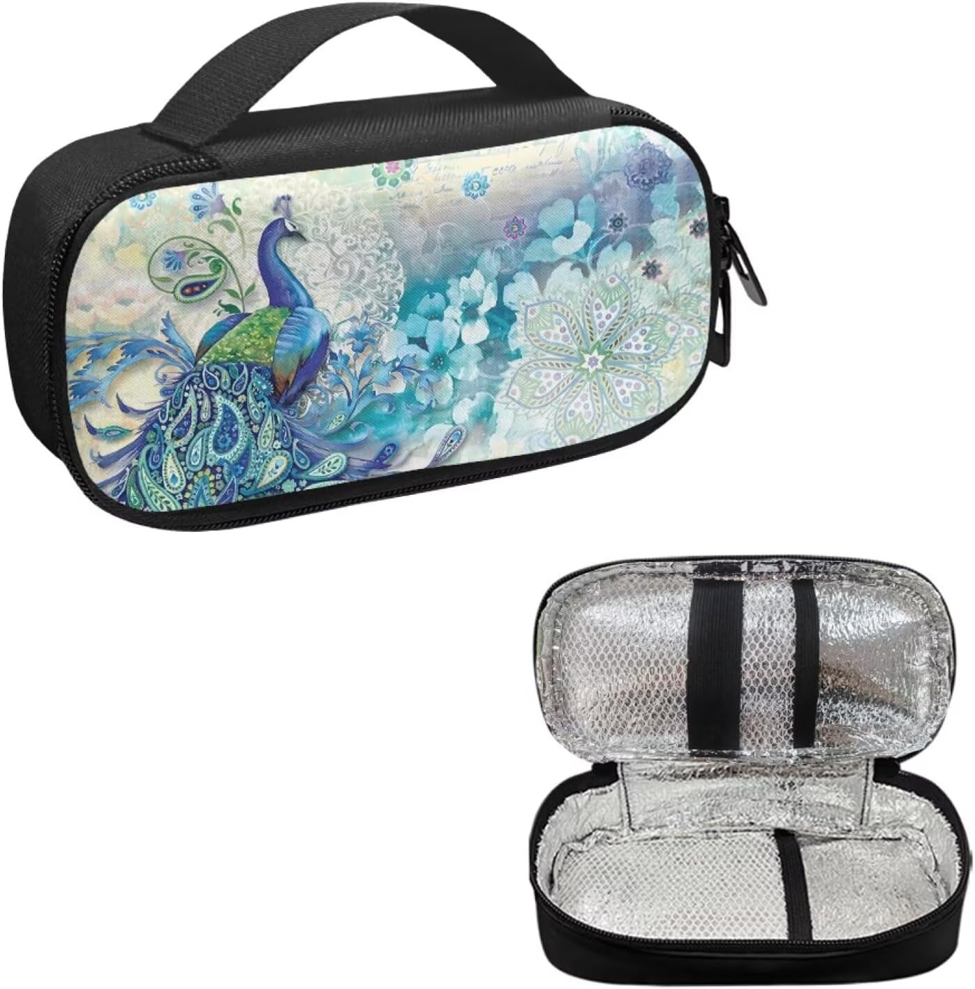 Diabetes Travel Case for Blood Sugar Monitor, Peacock Print Diabetic Medication Insulated Cool Organizer with 2 Zipper + 2 Inner Compartments for Travel Essential