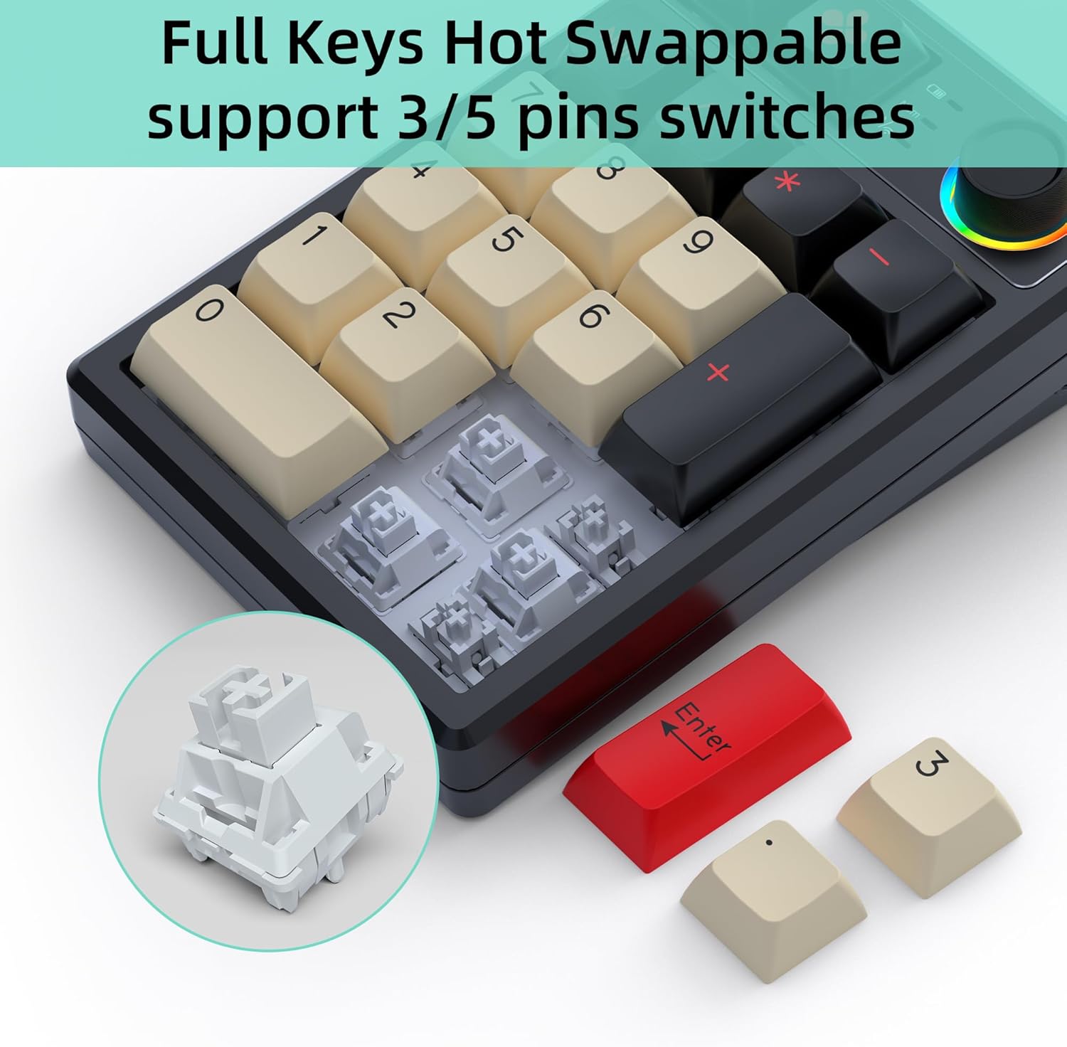 K19 Numeric Keypad with keycaps and switches removed, showing replacement switches