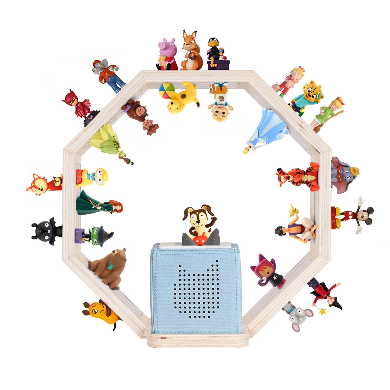 Todeco Étagère Magnétique en Bois, pour Tonie Box et Tonies, Petit Octogone | Jusqu'à 60-70 Tonies, Compatible avec Station de Charge, Murale ou à Poser, Matériel de Montage Inclus, pour Chambre Enfant