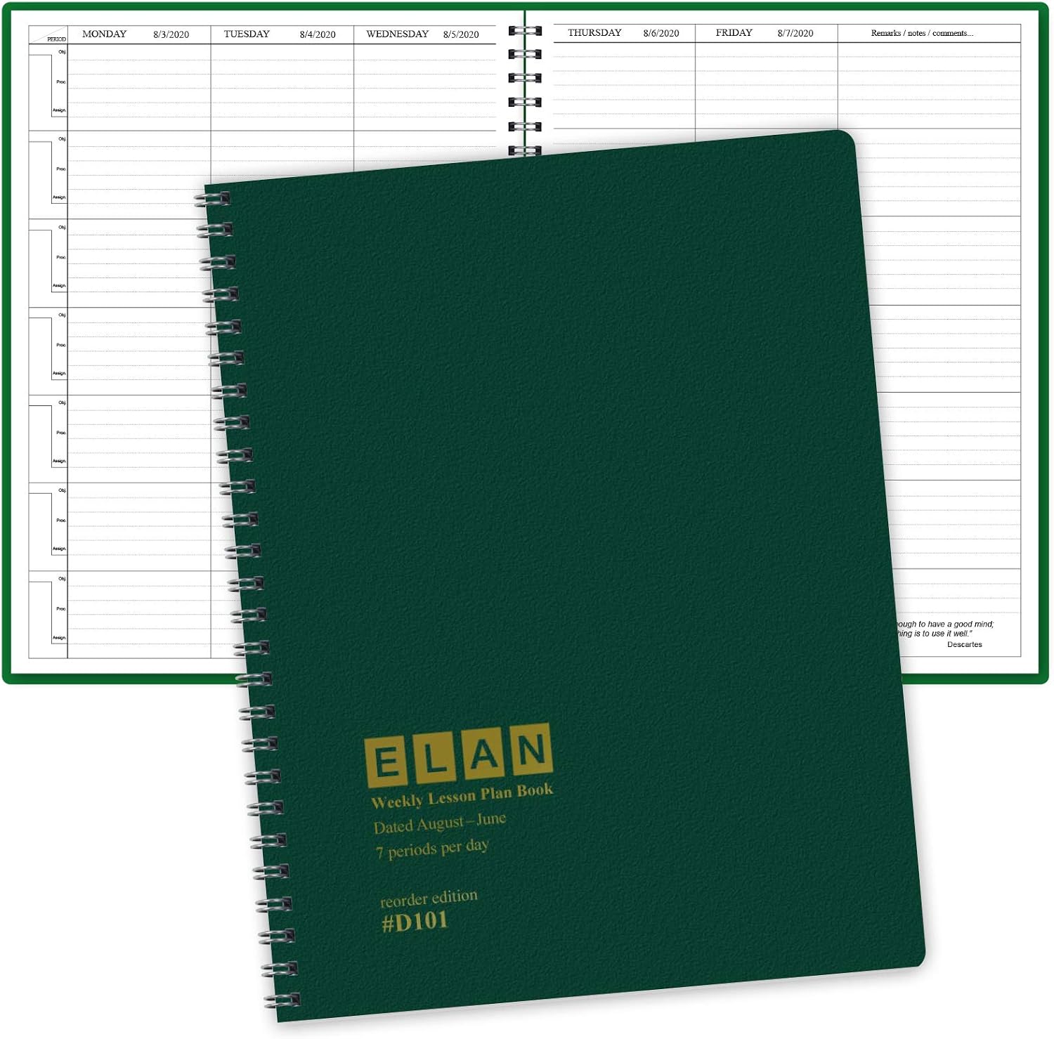 Elan Publishing Company Dated Teacher Lesson Plan 7 Period: Days Horizontally Across The Top Dated for 2020-2021 Academic Year (D101)