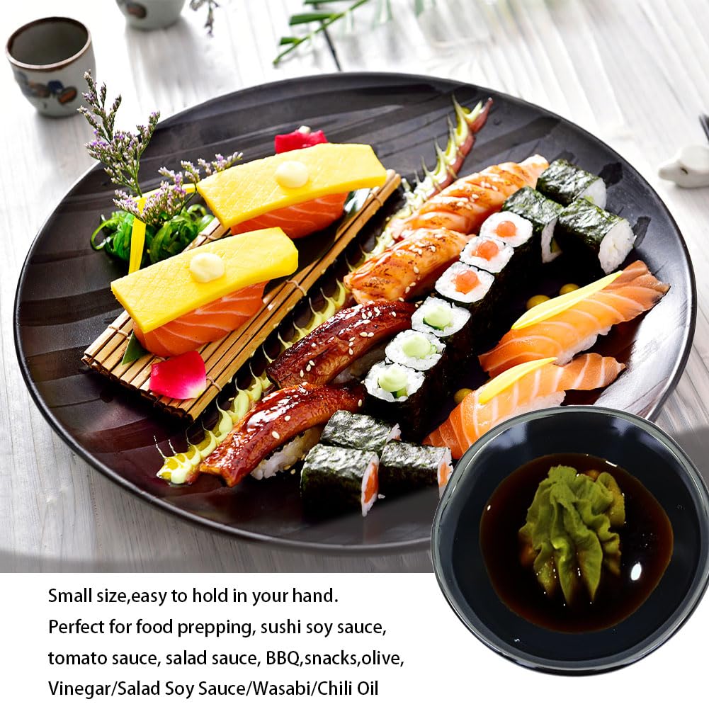 Black Ceramic Dipping Sauce Dishes,Matte Black Sushi Soy Sauce Dipping Bowls, Appetizer Plates with Irregular Edge,Tiny Side Dish for Kitchen Home Housewarming gift