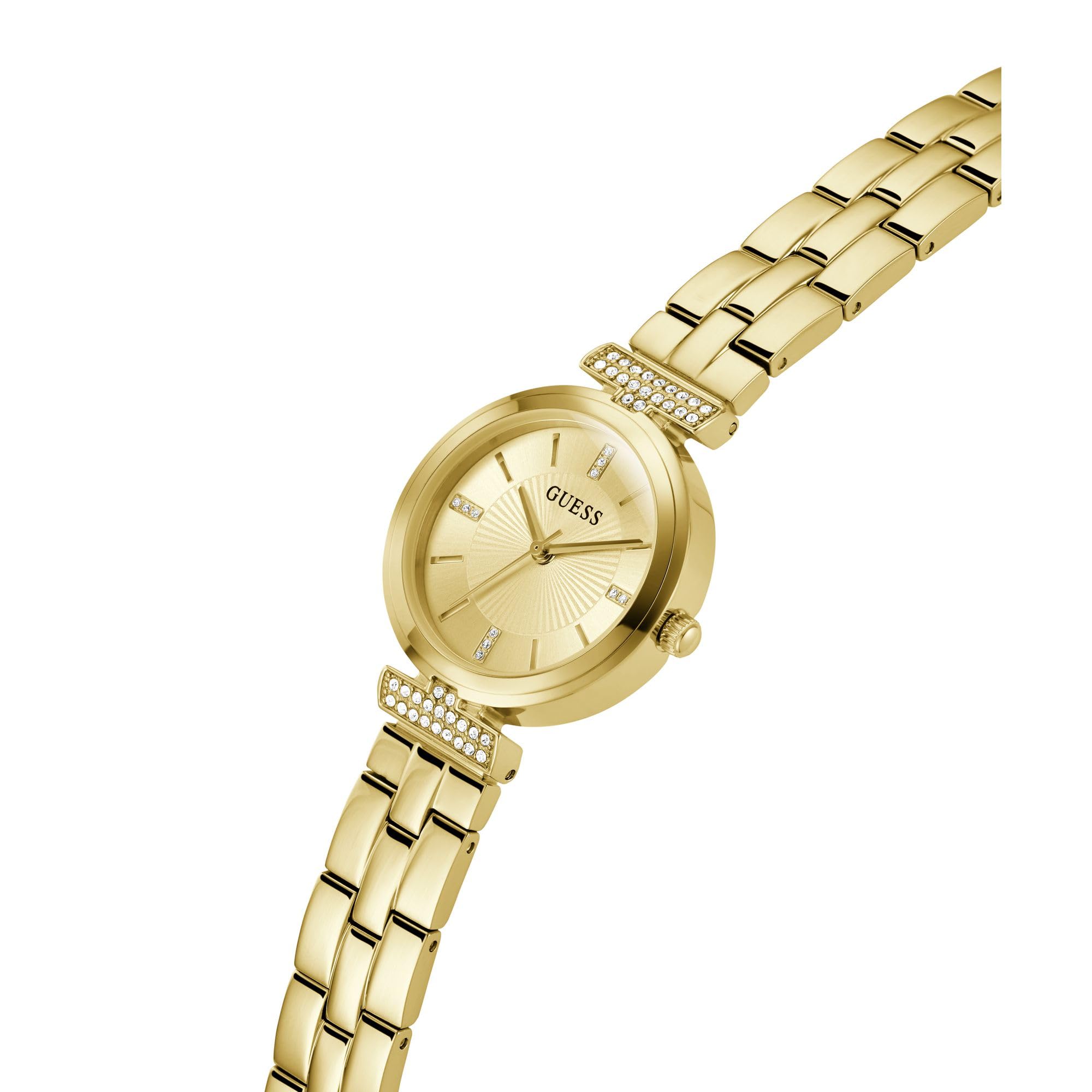 Guess Array Damen Armbanduhr mi Zirkonia in der Farbe Gold mit Armband aus Edelstahl, Wasserdichtigkeit: 3 bar, Gehäusedurchmesser: 28 mm, GW0762L2