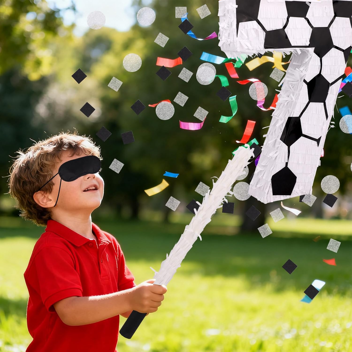 Soccer Themed Piñata Set, Soccer Ball Number 7 Piñata with Stick Blindfold & Confetti Sports Party Supplies for Birthday Decoration Party Games & Festive Celebrations