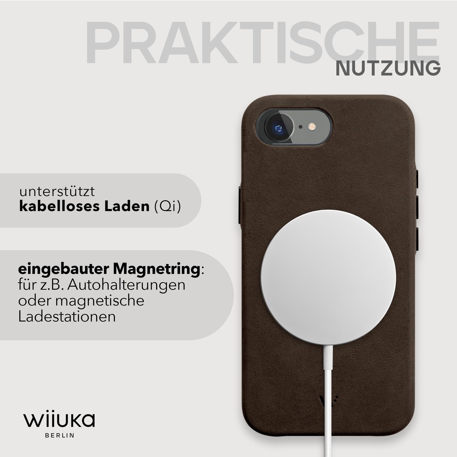 WIIUKA Funda para iPhone 16e, piel de Alemania, funda de piel extrafina, funda premium para teléfono móvil, funda Qi, marrón vintage