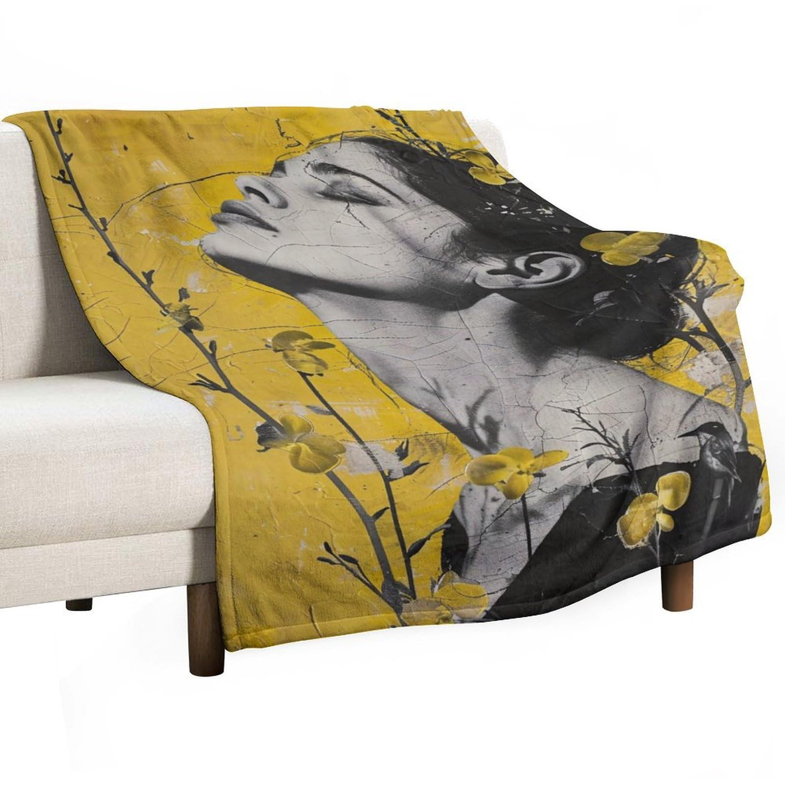 YHGSREUOH Yellow Flower And Bird Woman Collage 04 Flannel Blankets Fleece Soft Throw Lightweight Plush Gifts for Couch, Bed, Cozy Sofa Plush, Chair, Lovers 130x175cm(50x70in)