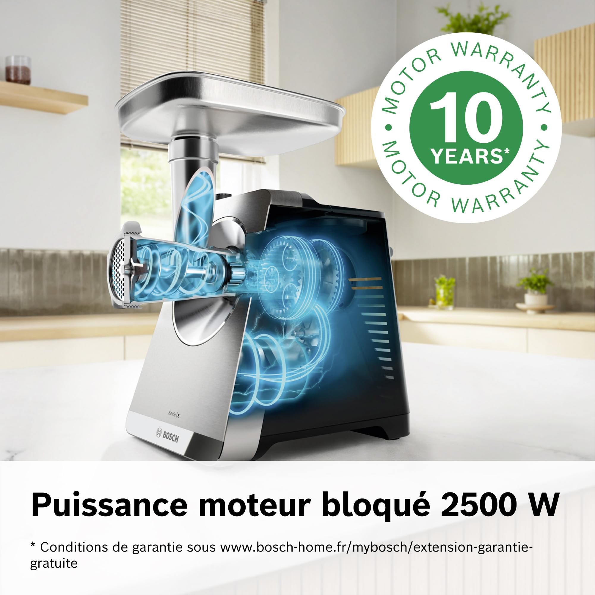 Bosch MultiPower Série 8, hachoir multifonction, puissance moteur bloqué 2500 W, hachoir à viande, râpe, accessoires saucisse et kebbe, noir, MFWS840M