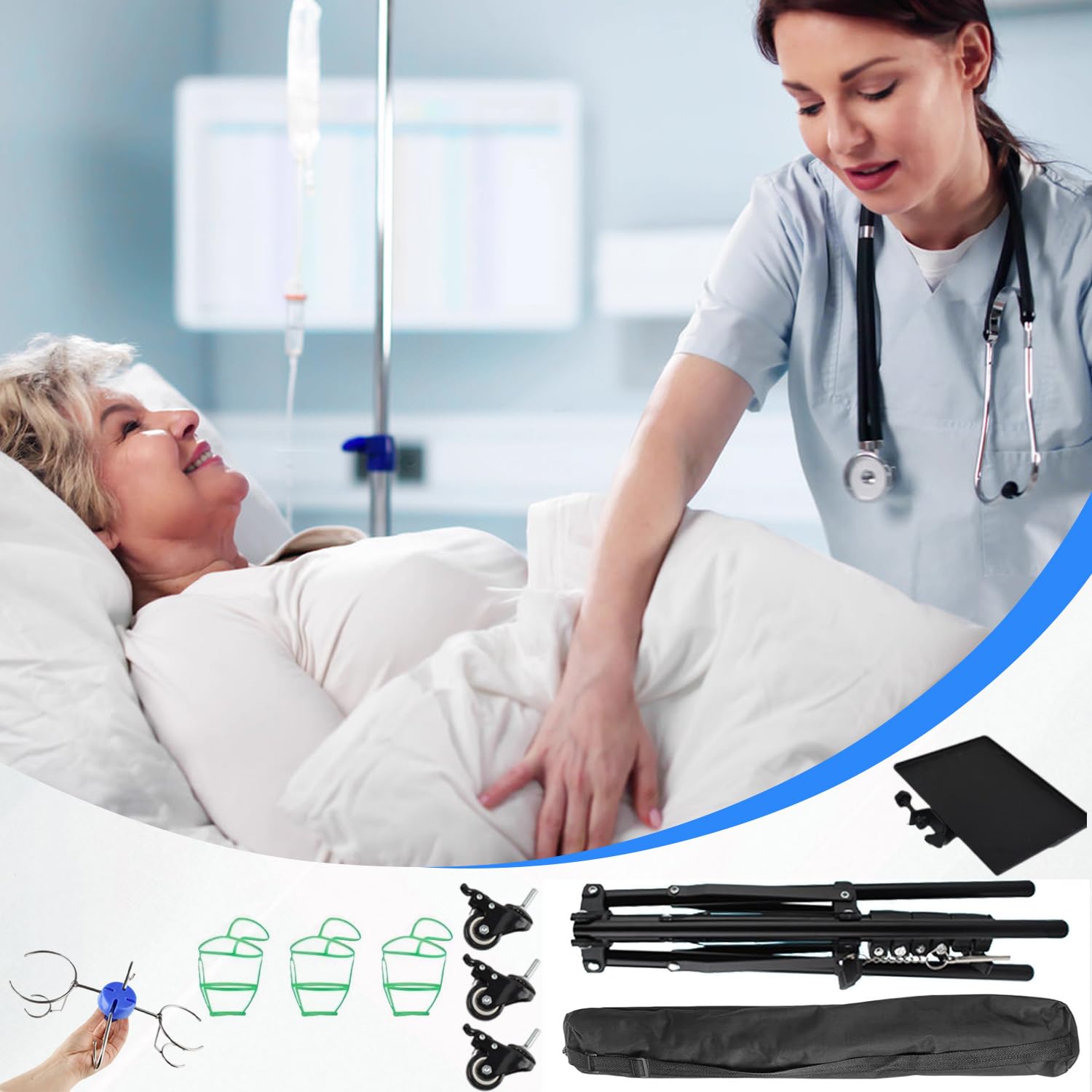 Soporte de infusión con ruedas, plegable, con soporte de acero inoxidable, gancho y paleta, soporte de infusión de acero inoxidable, altura ajustable de 90 a 190 cm