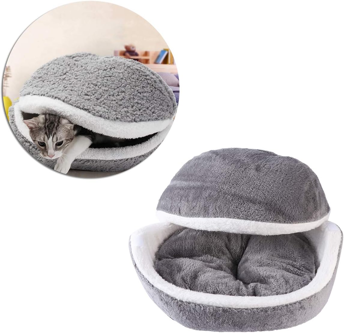 UEETEK Winter Warm Pet Puppy Cat Bed House Cushion Half Covered Bed Sleeping Bag Detachable Cute Hamburger Shape Bed