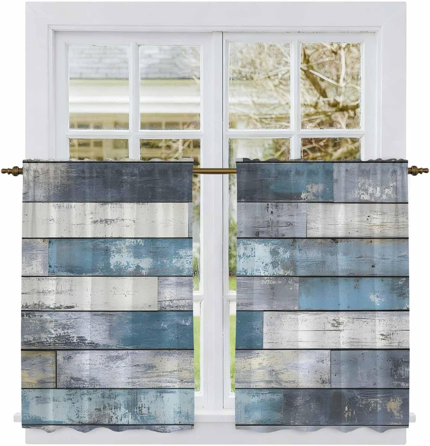 Blue Grey Wooden Kitchen Curtains, Farmhouse Vintage Cabin Stripes Light Filtering Window Curtain Panels, 2Pcs Rod Pocket Window Treatments Set for Cabin Bathroom Bedroom 52x45 Inches