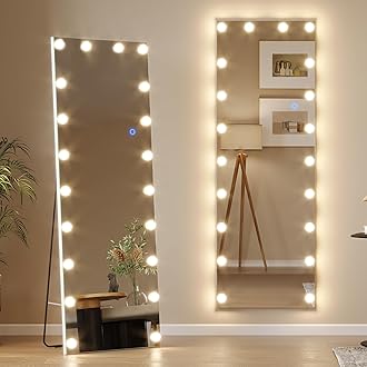 Vlsrka 61" x 20" Full Body Mirror with Lights, Hollywood led Mirror Full Length with 20 Light Bulbs, Free Standing, Light up Wall Mirror for Dressing, Dimming & 3 Color Lighting (White)
