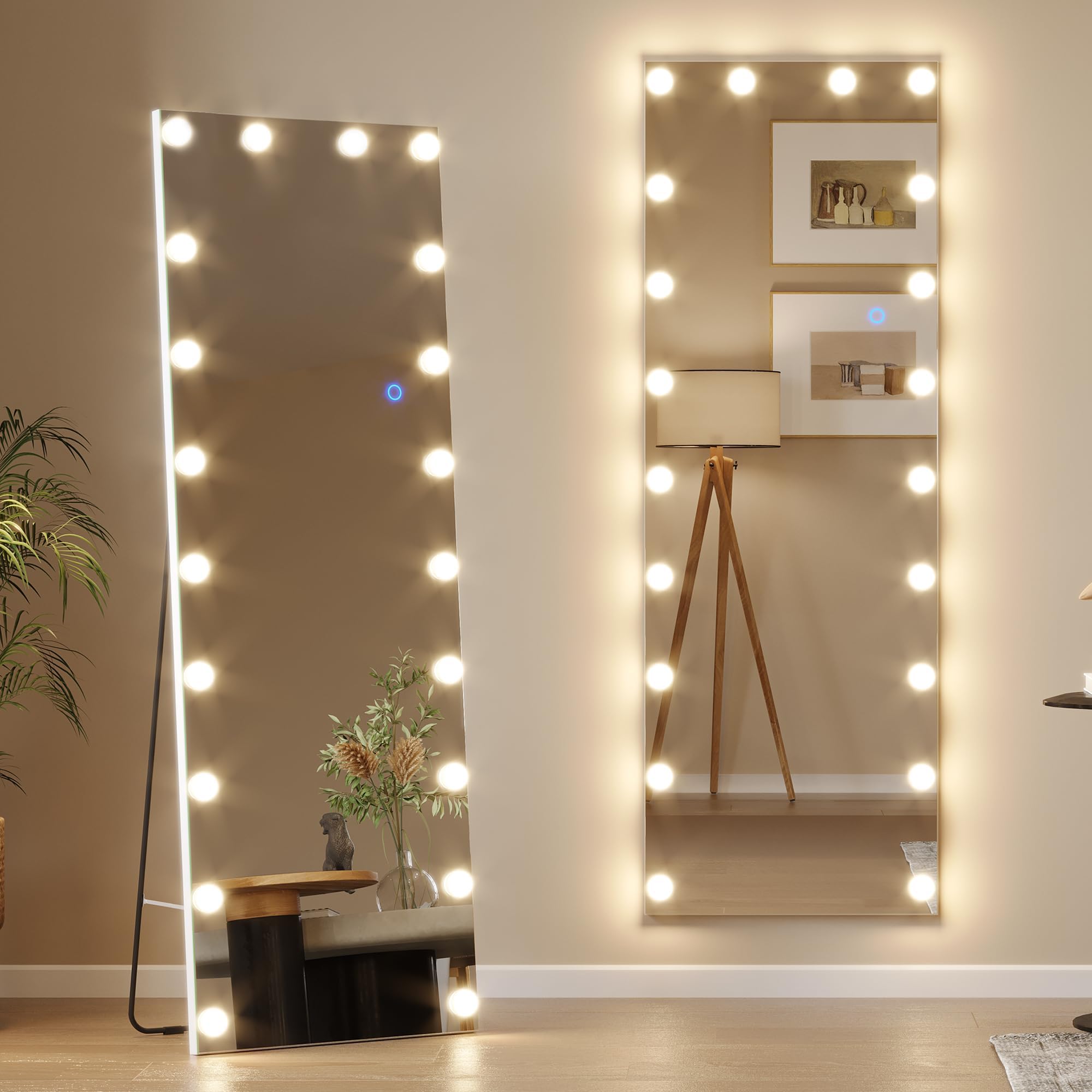 Vlsrka 61" x 20" Full Body Mirror with Lights, Hollywood led Mirror Full Length with 20 Light Bulbs, Free Standing, Light up Wall Mirror for Dressing, Dimming & 3 Color Lighting (White)