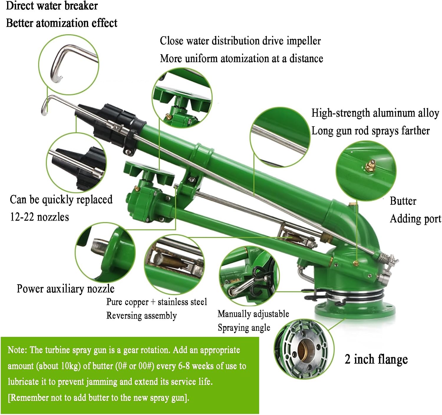 Agricultural Irrigation Nozzle, 2" Irrigation Spray Gun Sprinkler, 26-53M Range 360° Adjustable Water Sprinklerwith Replaceable Nozzle, for Farms, Dust Removal, Cooling