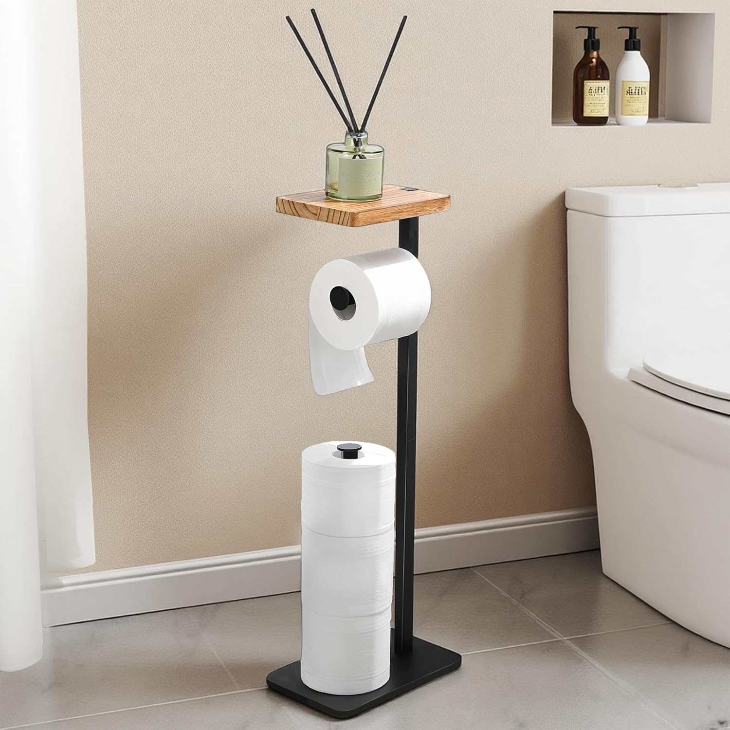 YIGII Toilet Roll Holder Stand with Shelf-Rustproof Metal Toilet Paper Stand for 3 Rolls with Anti-Slip Base and Wood Shelf for Phone or Small Items, Bathroom Organizer and Storage, Black