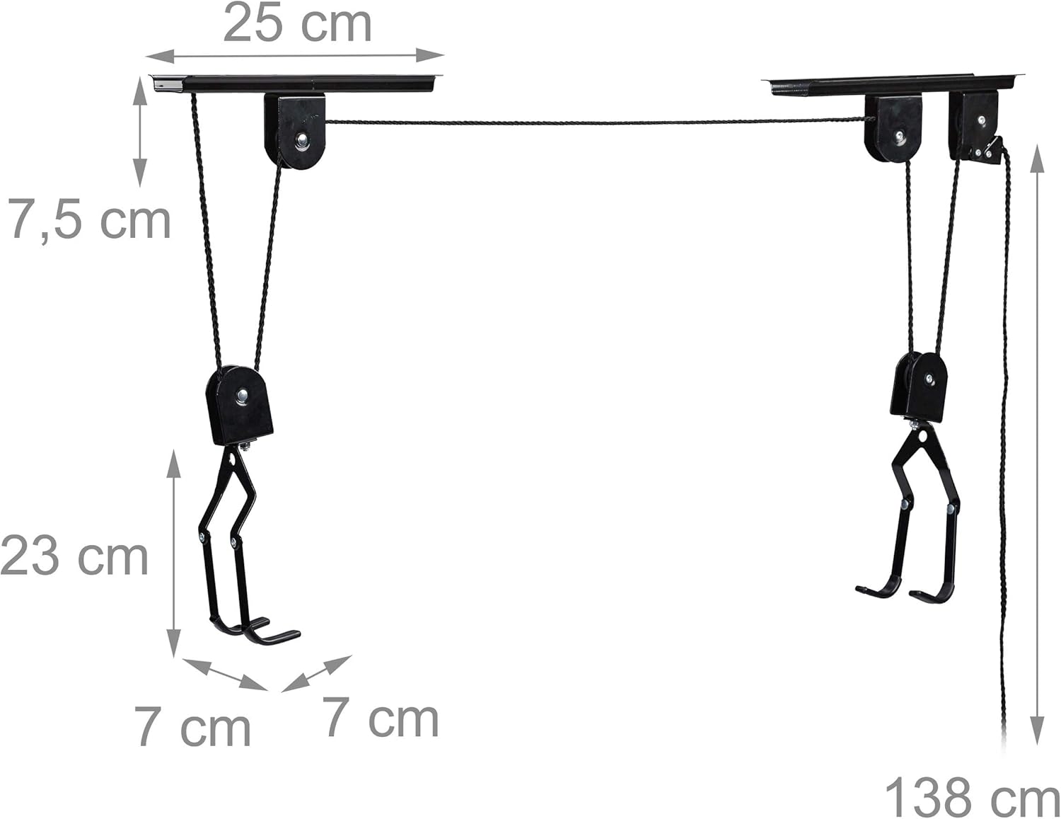 Diagram showing the dimensions of the bike rack components and recommended spacing for installation.