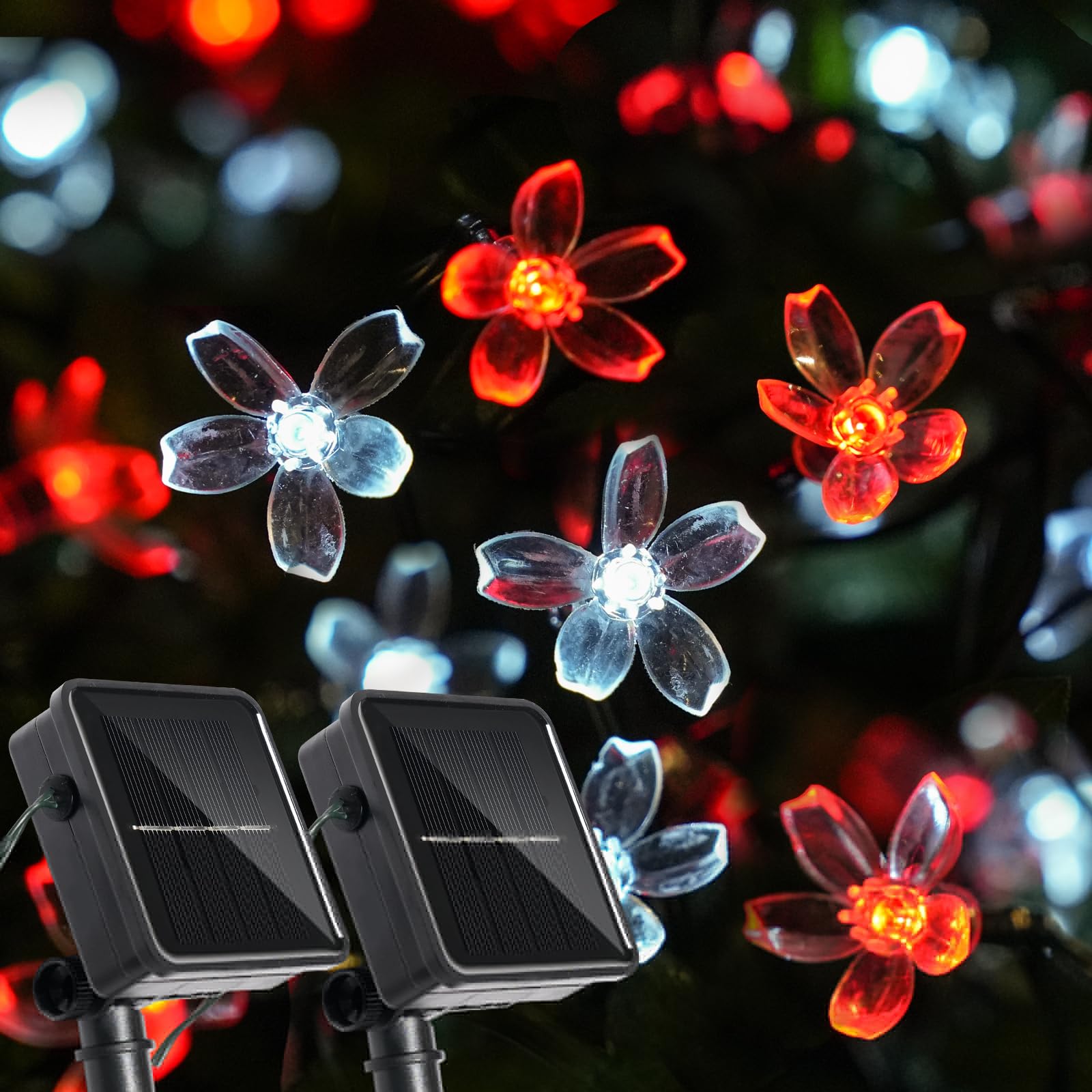2 Stück insgesamt 120 LED Solar-Lichterkette für den Außenbereich, wasserdicht, Blumen-Lichterkette für Garten, Zaun, Terrasse, Hof, Weihnachtsbaum, Rasen, Hochzeit, Party, Dekoration, Rot und