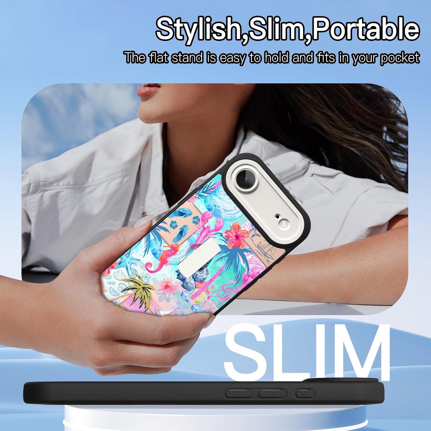 KANGHAR Compatible with iPhone Air Case Summer Collage Sea Beach Pattern Finger Stand Design Full Body Rugged Shockproof Protection Glossy Protective Kickstand Phone Cover 6.7 Inch Blue