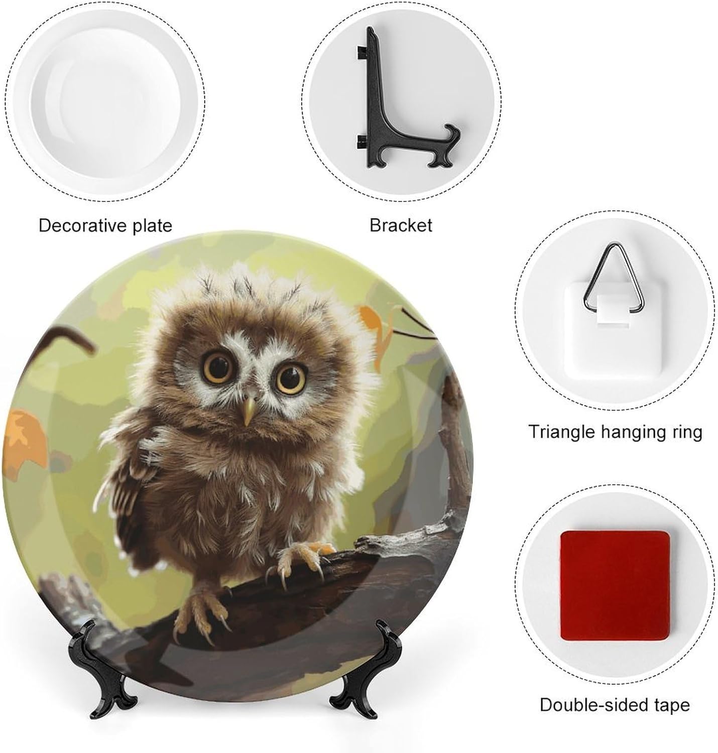 Real Cute Baby Owls Decorative Plates for Display Round Porcelain Plate Living Room Table Ceramic Hanging Decorative Plate Art Decor for Living Room Table with 1 Display Stand 8inch