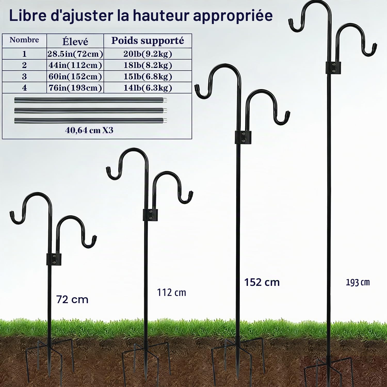 Crochets De Berger Pour Jardin,193cm Double Crochet De Jardin,5 Brochs,MÉTal Pour Mangeoire Oiseaux Exterieur, Pour Nichoirs, LumiÈRes De Noël, Boules De Fleurs, Plantes Et DÉCorations De Noël