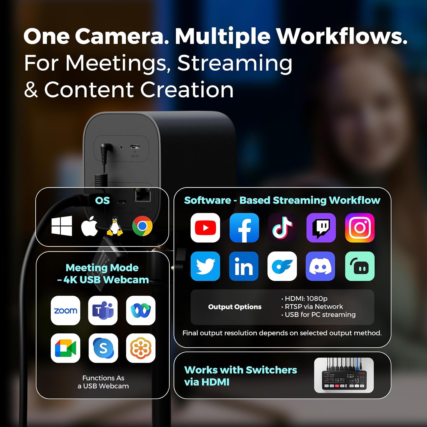 NearStream VM20 4K USB Streaming Camera with 40X Hybrid Zoom/8 Noise-Canceling Mics/Remote Control, HDMI/USB/RJ45 Output, Multi-Cam Ready, for Education,Conference,Worship & Live Event, OBS/Zoom,Black