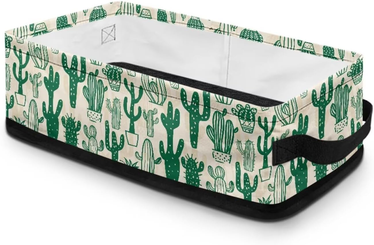Green Cactus Print Toilet Paper Storage Holder Basket Multi-Purpose Toilet Paper Bins Storage Basket Rectangular Storage Basket for Living Room, Office Countertop