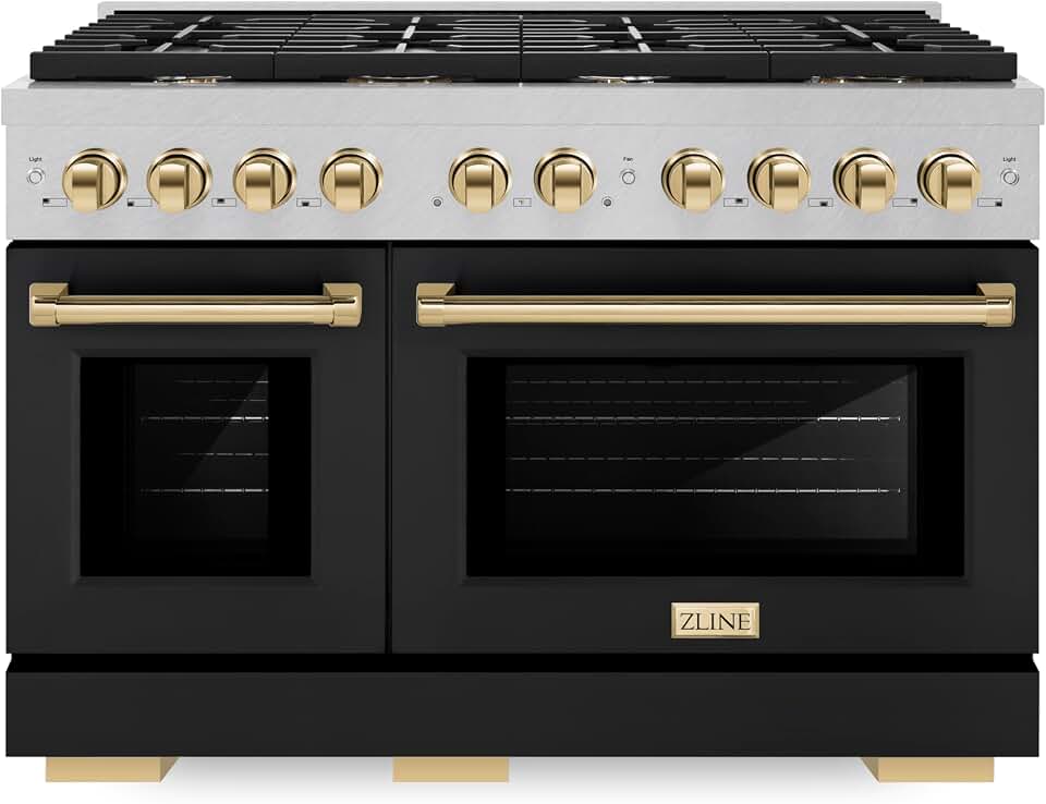 ZLINE Autograph Edition 48 in. 6.7 cu. ft. Paramount Double Oven Dual Fuel Range with 8 Burner Gas Cooktop in Satin Stainless Steel with Black Matte Doors and Polished Gold Accents (SDRSZ-BLM-48-G)