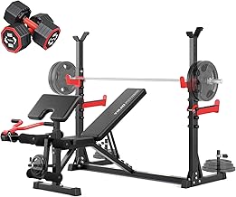 Yoleo Weight Bench with Rack - Bench Press Set, Leg Extension, Preacher Curl & Flat/Incline/Decline Full Body Workout Bench, Adjustable Olympic Weight Benches for Home Gym(47.44IN WIDE GRIP) (47.44“ Wide Grip Bench+2*Dumbbell)