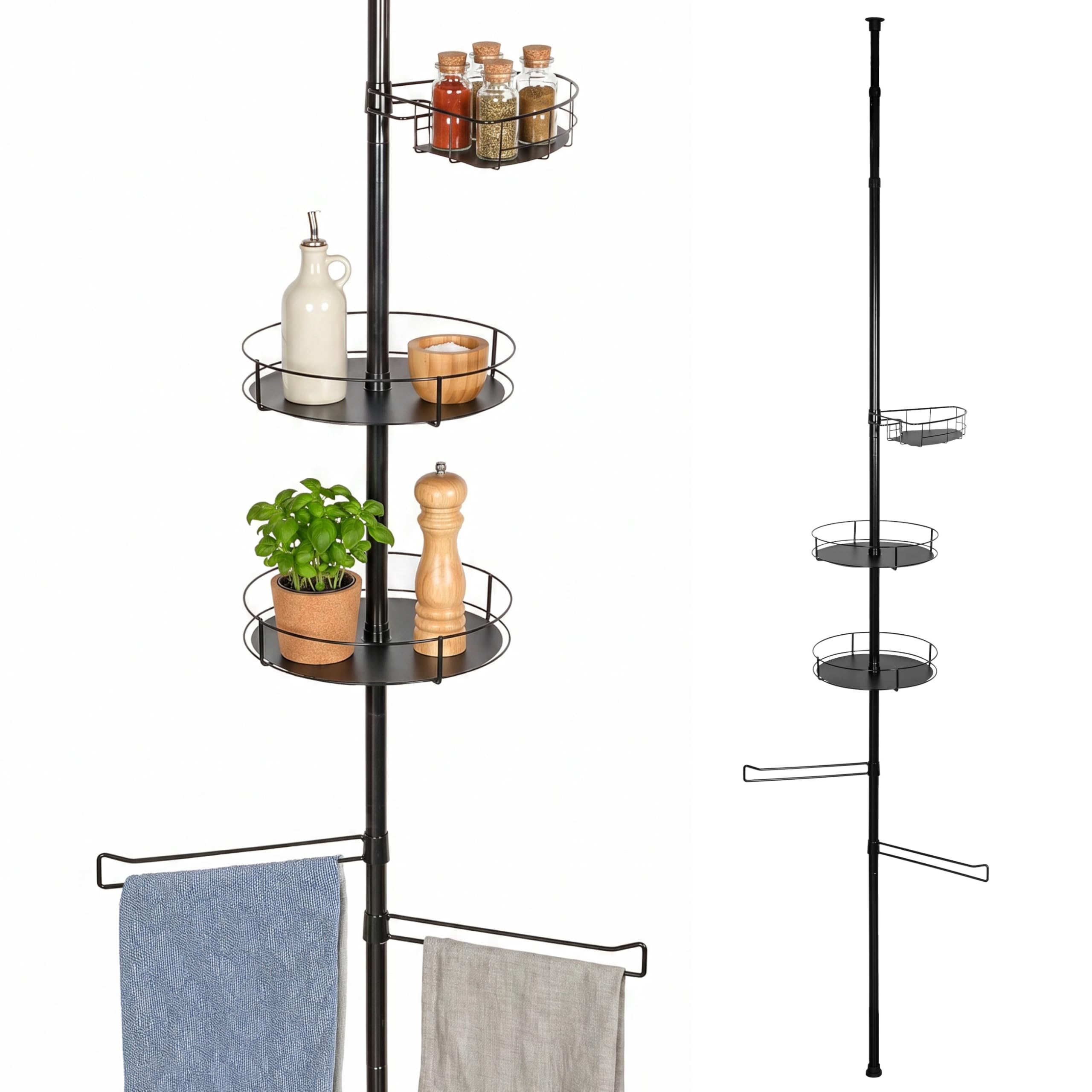 bremermann Telescopic Kitchen Rack with 3 Baskets and 2 Tea Towel Holders, Ideal for Spices, Oils, Kitchen Utensils etc. Height Adjustable up to max. 290 cm, Made of Metal (Black)