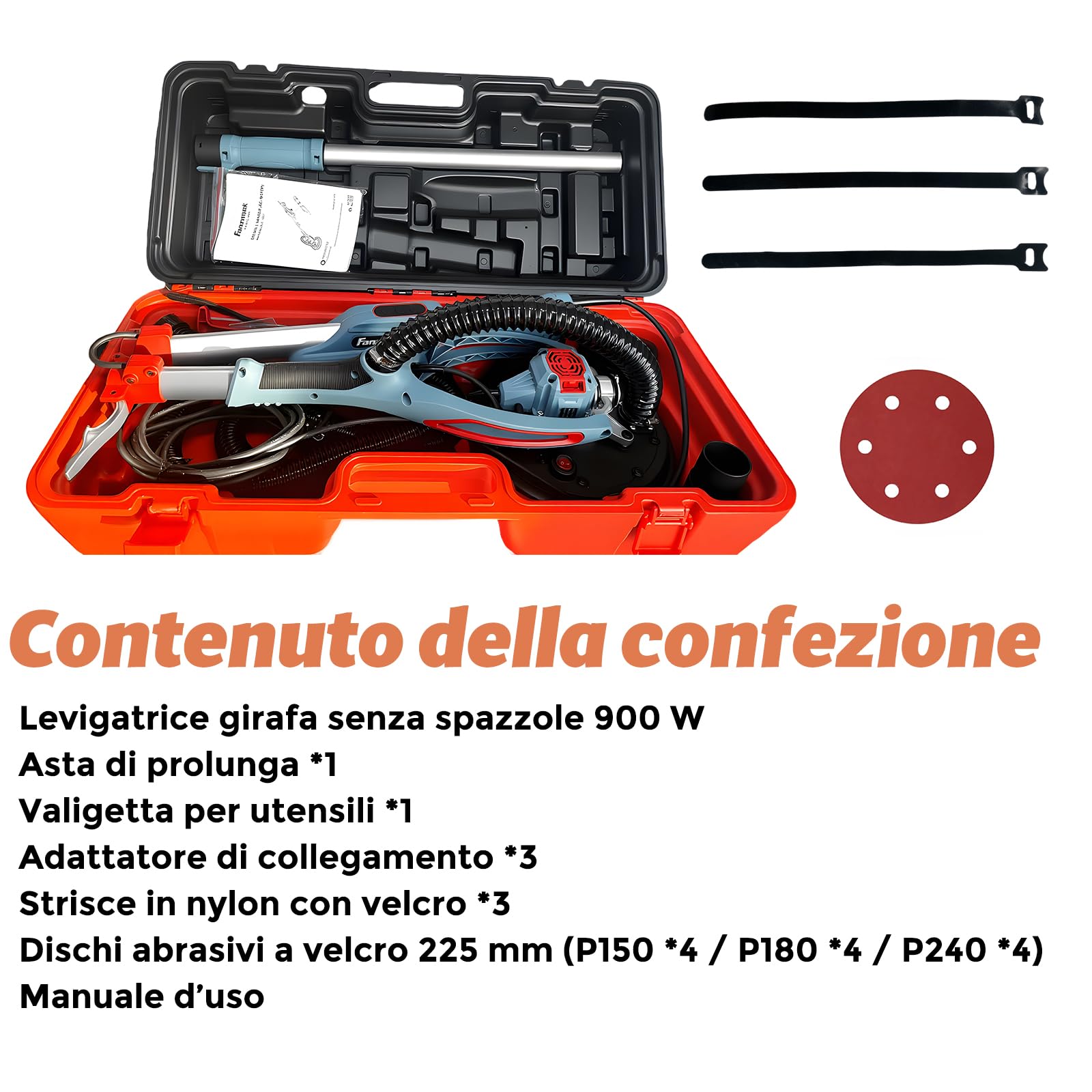 FANZWORK - Smerigliatrice per muro a secco con motore senza spazzole EC, ultra leggera, 900 W, giraffa abrasiva, 2300 giri/min(max), con sistema di aspirazione, illuminazione a LED, incl. dischi