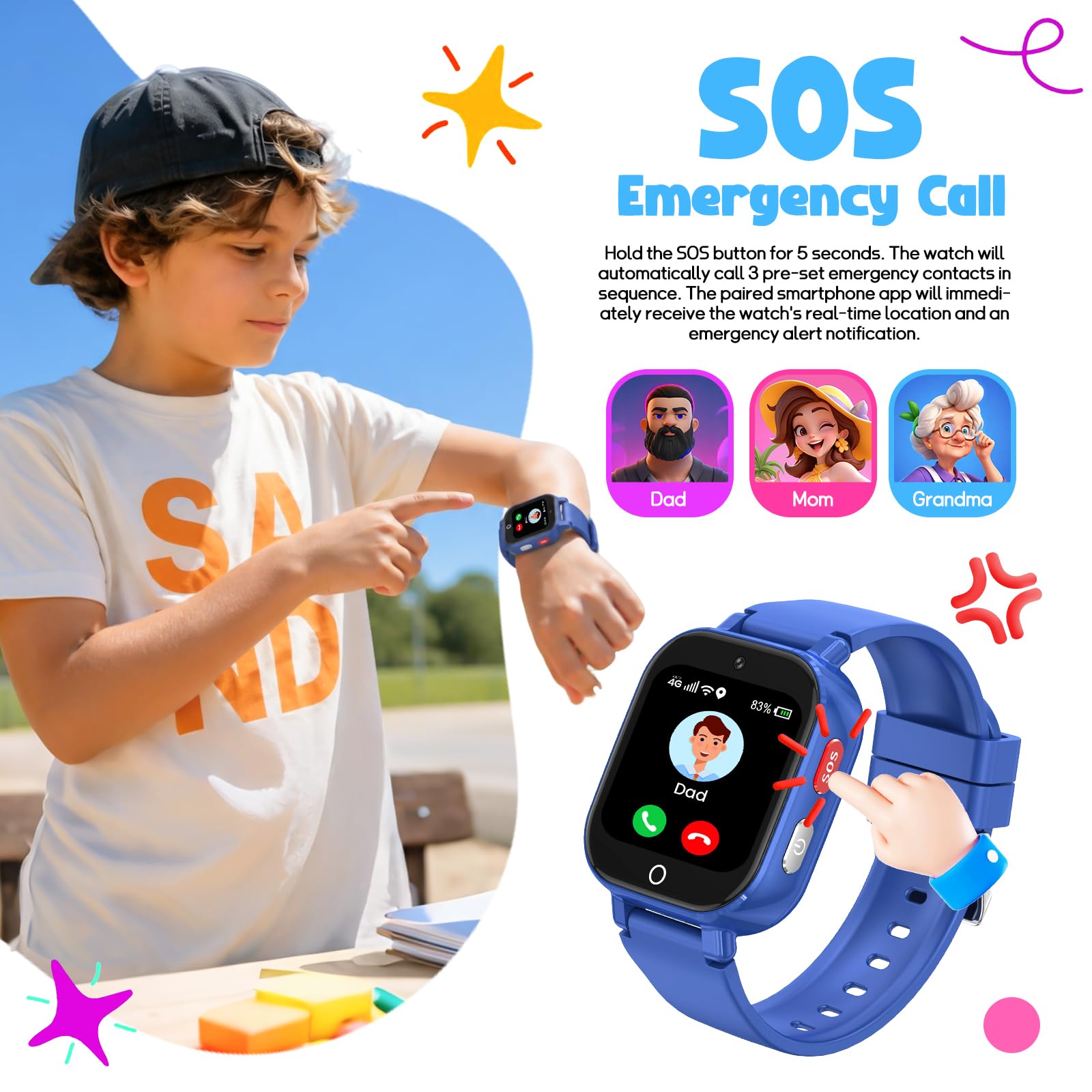 4G Montre Connectée Enfant, Smartwatch Téléphone pour Filles Garçons avec GPS Appel Vidéo SOS WiF Chat Vocal SMS Mode Classe Révei Podomètre Montre Intelligente Enfants Cadeau 4-12 ans，Bleu clair