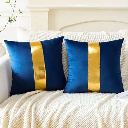 Miniatura 2 de Artscope Juego de 2 fundas de almohada de terciopelo azul marino con costuras de cuero dorado, fundas de cojín cuadradas modernas y minimalistas