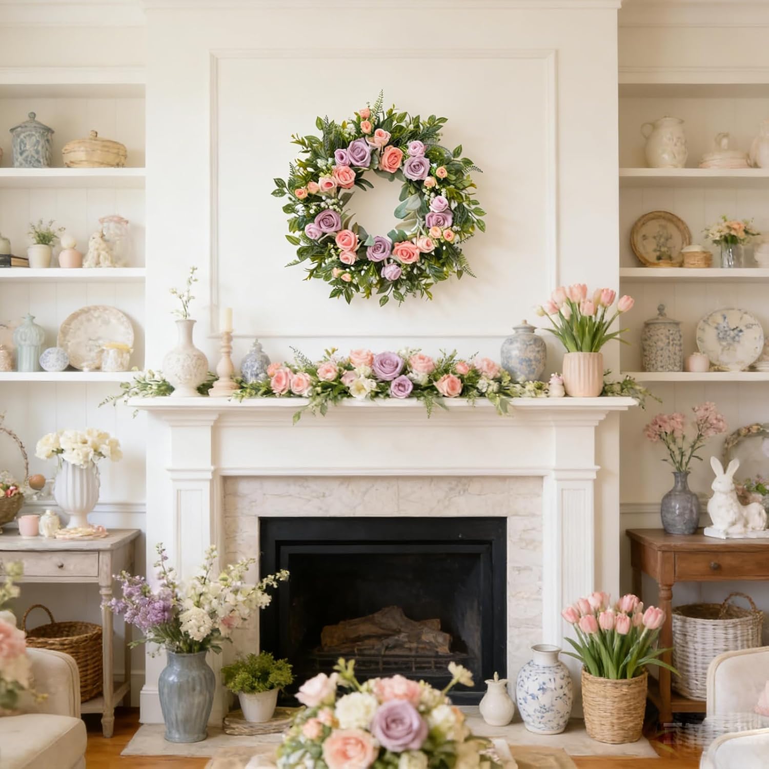 TEMPUS 22" Spring Wreath for Front Door - Purple Pink Peony & Silk Rose Wreath with Lamb's Ear Leaves, Farmhouse Floral Door Decor for Spring Summer