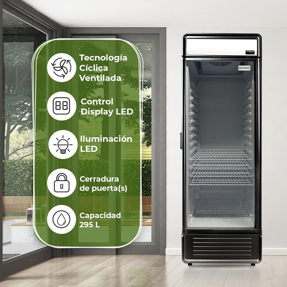 Aspes Frigorifero nero ARH1855500ENF, capacità 295 litri, larghezza 54 cm, altezza 185 cm, ventilato, motore universale, 55 dB, livello sonoro, luce LED, porta in vetro, apertura a manopola, classe E