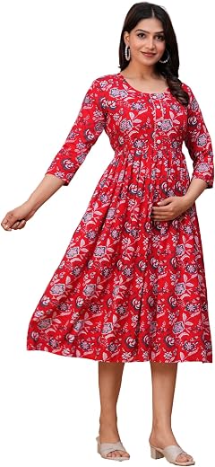 MFF Fabrics Women’s Cotton Maternity Gown | Navy Blue Feeding Dress with Side Zips | 46 Inch Length | Soft & Stretchable | Baby Shower