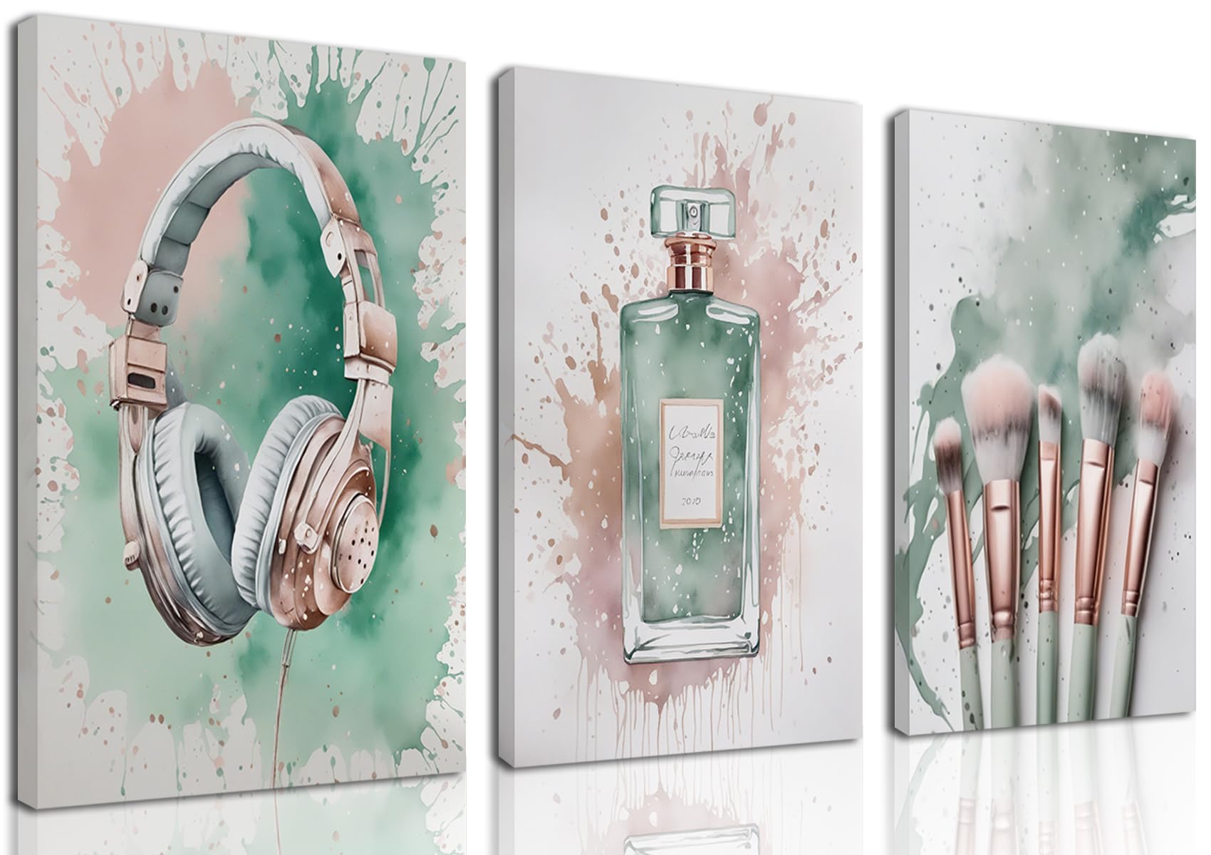 Fashion Makeup Canvas Wall Art Set of 3 - Pink Trendy Beauty Pictures Wall Decor, Sage Green Perfume Paintings, Makeup Brushes Earphone Prints for
