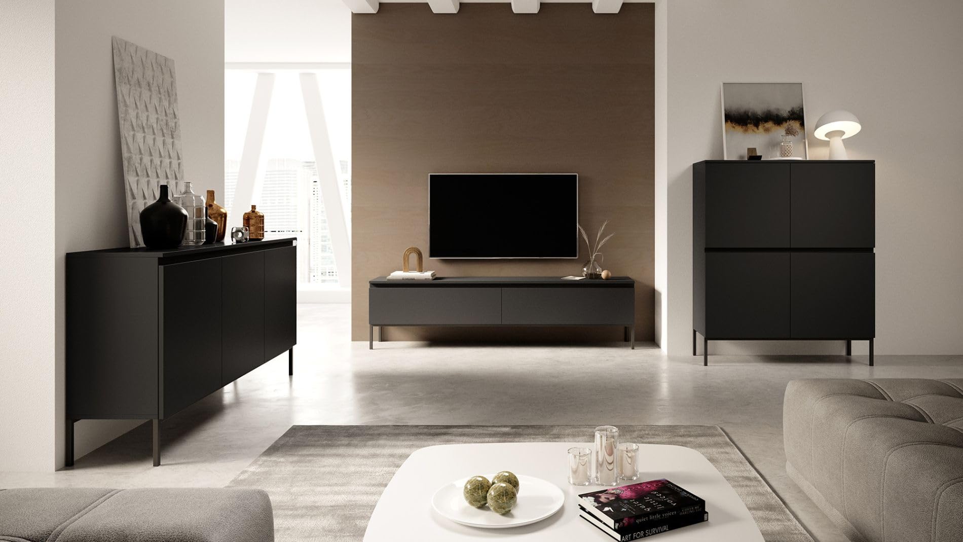 Selsey Kommode Schrank Aufbewahrungsschrank 100 cm 2 Türen 4 Fächer Schwarz Schwarze Beine Bemmi