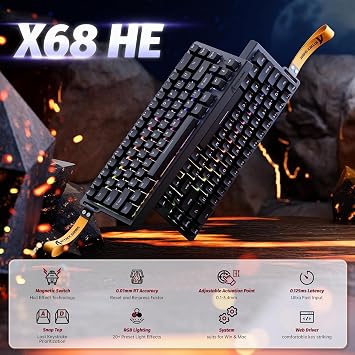 ATTACK SHARK X68 HE 8KHZ Rapid Trigger Keyboard Magnetic Switch,0.01 mm RT Accuracy,Wired RGB 60% Gaming Keyboard TKL with Adjustable Actuation,Snap Tap,Coiled Cable,for PC/Mac(Black)