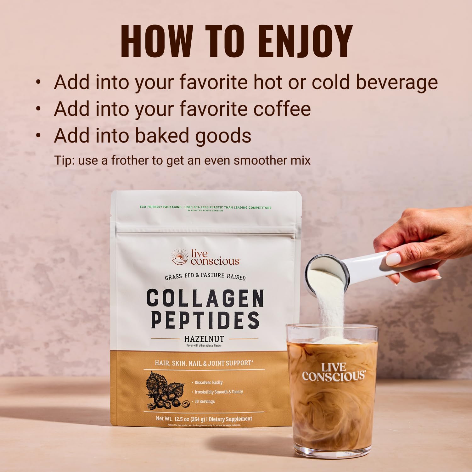 Live Conscious Collagen Peptides Powder - Hazelnut Collagen Powder - Hair, Skin, Nail, & Joint Support - Type I & III Grass-Fed Collagen Supplements for Women and Men - 30 Servings (2-Pack) - 12.4oz - Image 6