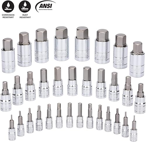 Miniatura 3 de EMENTOL Juego de llaves hexagonales de 33 piezas, 14", 38" y 12", broca Allen SAE y métrica, CR-V, acero S2, juego de llaves hexagonales maestras de