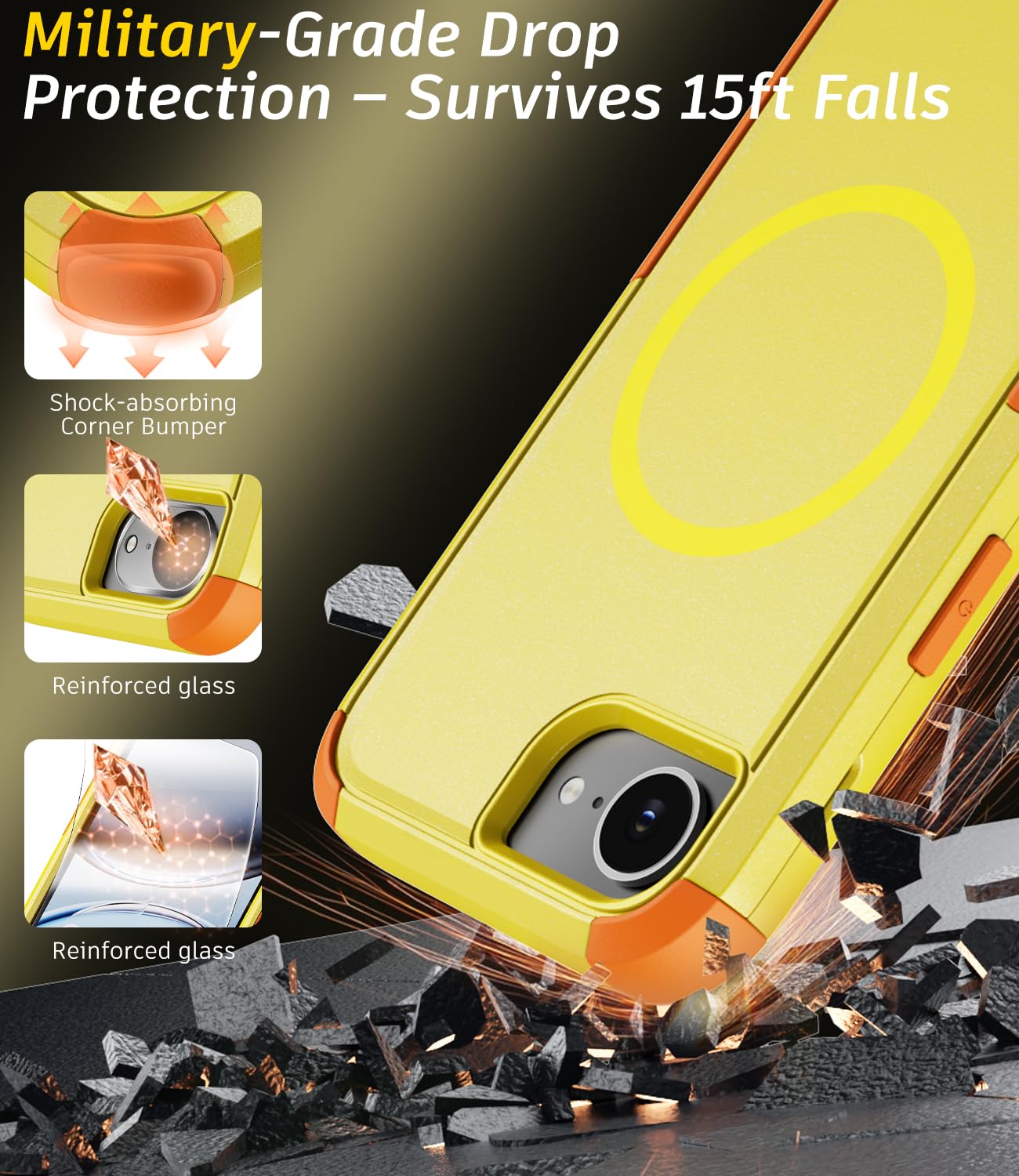 Custodia resistente per iPhone 17e e iPhone 16e, custodia protettiva di grado militare a prova di caduta [compatibile con MagSafe], con pellicola protettiva, antiurto, antiscivolo (giallo)