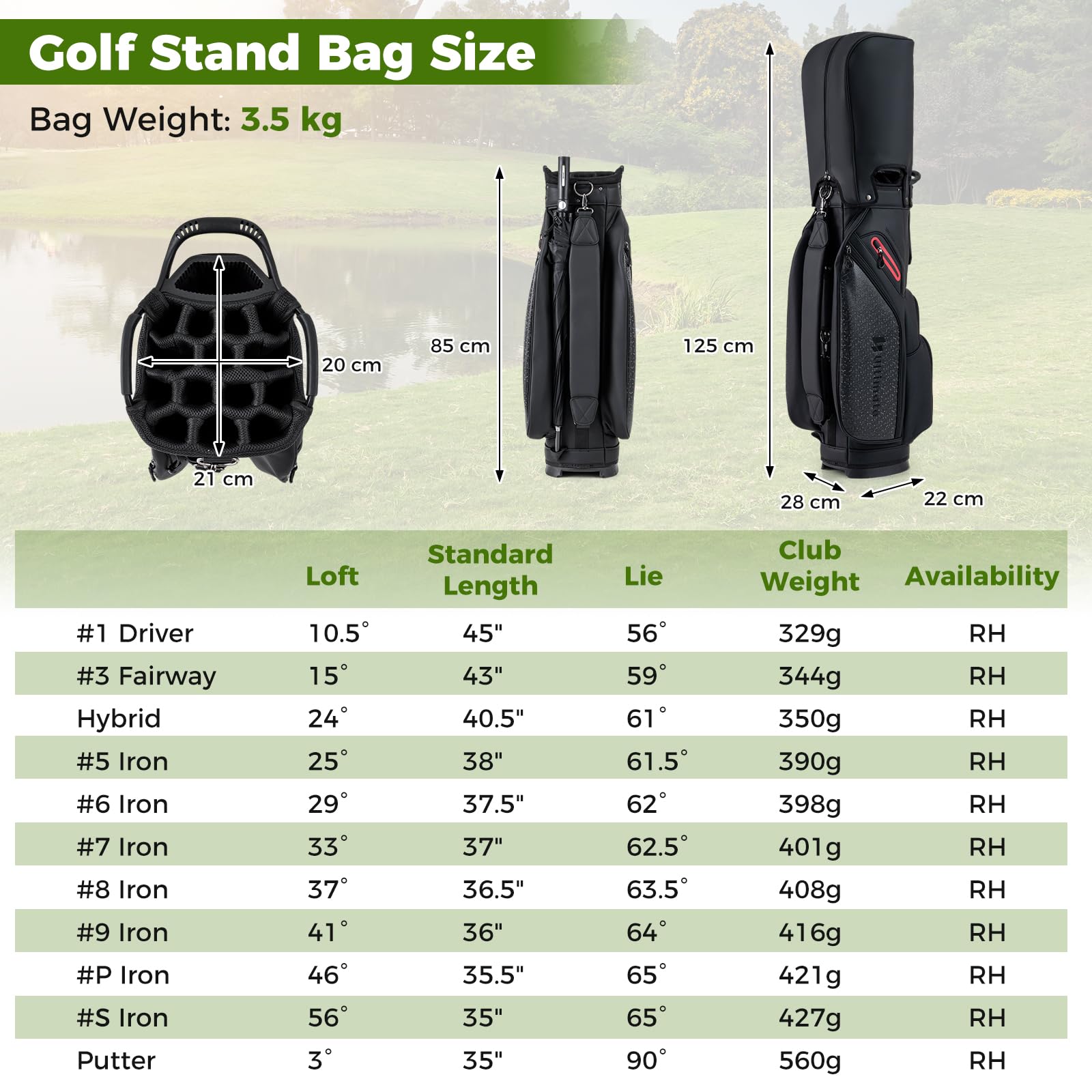 LIFEZEAL Komplettes Golf-Set für Rechtshänder, Golftasche, tragbar, leicht, Standbag mit 11 Clubs, Regenhülle und einziehbarem Sockel, Ausrüstung für Herren