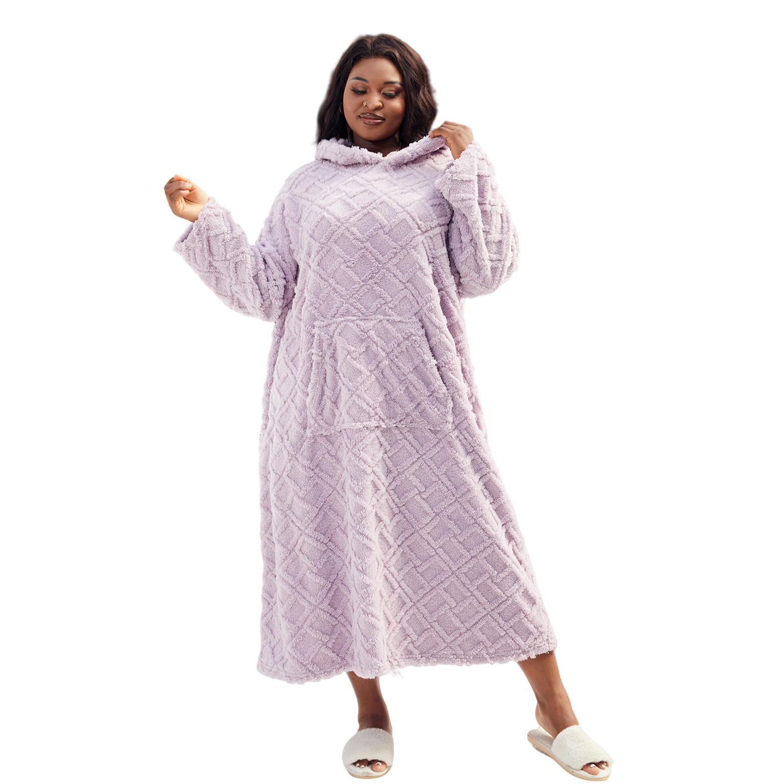 Pigiami da Donna Pigiama da Donna di Grandi Dimensioni, Pullover Caldo, Scollo Rotondo, Manica Lunga, Camicia da Notte, Comodo, Abbigliamento per La Casa-Viola-XL