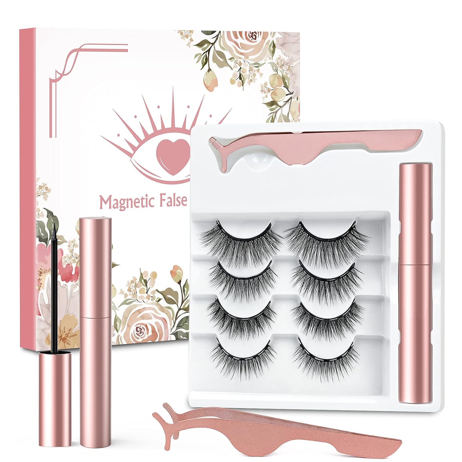 Magnetic Eyelashes and Magnetic Eyeliner Set,Waterproof and Reusable Magnetic False Eyelashes With Natural Look,False Lashes 4 Pairs with Tweezers and 2 Magnetic Eyeliner, Easy to Wear