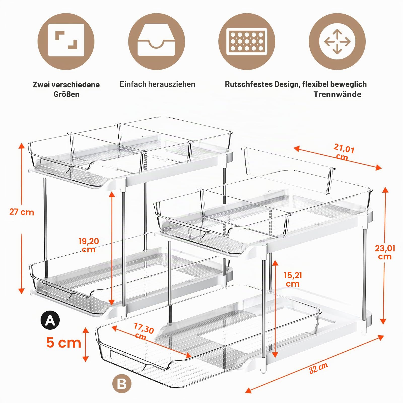 Delamu Küchen Organizer, Unter Waschbecken Regal, 2 Stück 2 Etagen Spülschrank Organizer, Multifunktional für Küche & Badezimmer, ausziehbar aus Acryl, Weiß