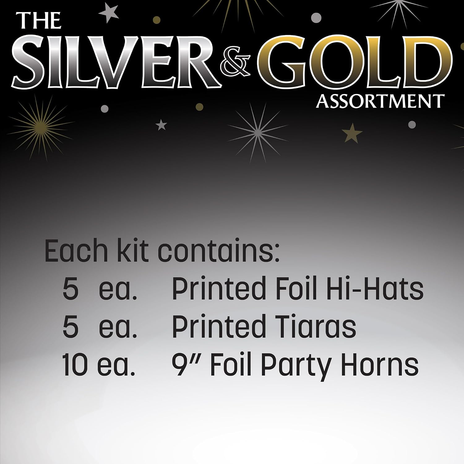 Beistle Silver & Gold New Year Party Kit for 10 – Celebration Set of Festive NYE Midnight Accessories, Hi-Hats, Tiaras & Foil Horns, Classic Metallic New Year’s Eve Countdown Event Headwear Supplies