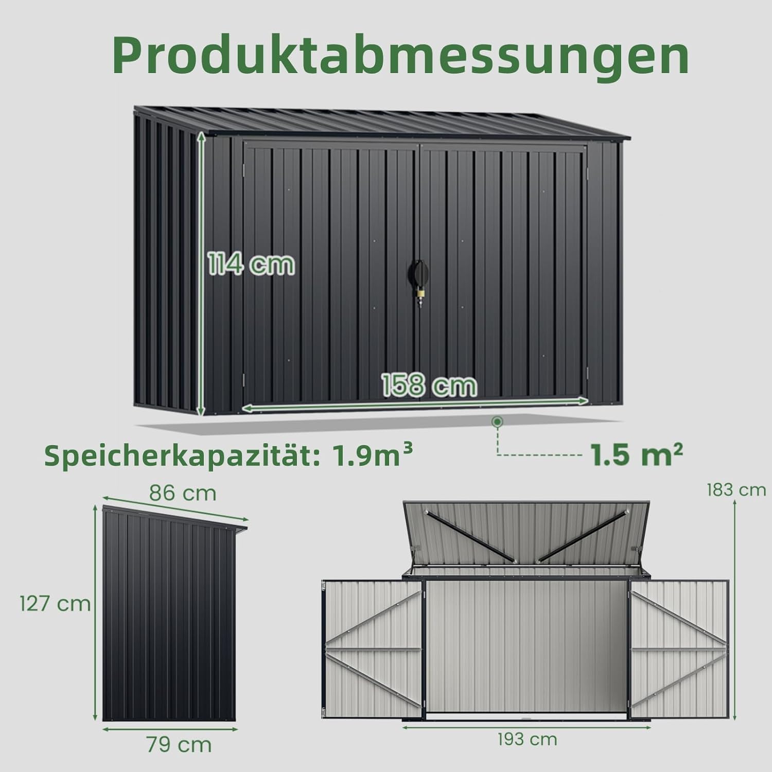 RELAX4LIFE Metall Gerätehaus, 193 x 86 x 127 cm, Gartengerätehaus Outdoor mit abschließbaren Türen, Wetterfester Geräteschuppen für Mülltonnen, Werkzeuge, Fahrrad, Gartenhaus 1,9m³, Anthrazit
