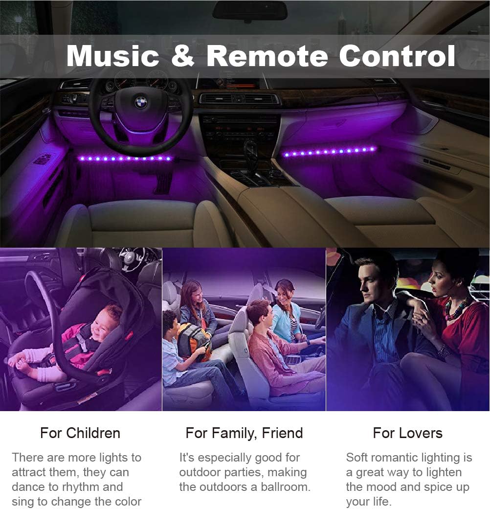 Led Interior Car Lights, Controller Led Lights for Cars, Multicolor Music Underglow Lighting Kits with Wireless Control and Sound Active Function, Car Charger Included, DC 12V
